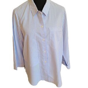 Cali Girls Women Blouse Button Up Collared Quarter Sleeve Pinstripes Blue Medium